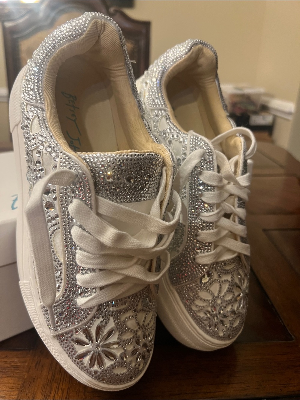 Betsey Johnson White and Silver Crystal Platform Sneakers - Picture 6 of 6